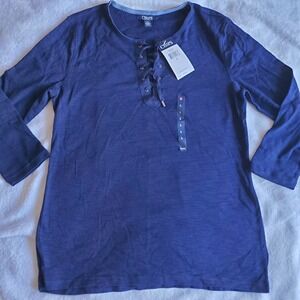 NWT Chaps Cotton Top Large Dark Blue Criss Cross Lace Up Nautical 3/4 Sleeve NEW
